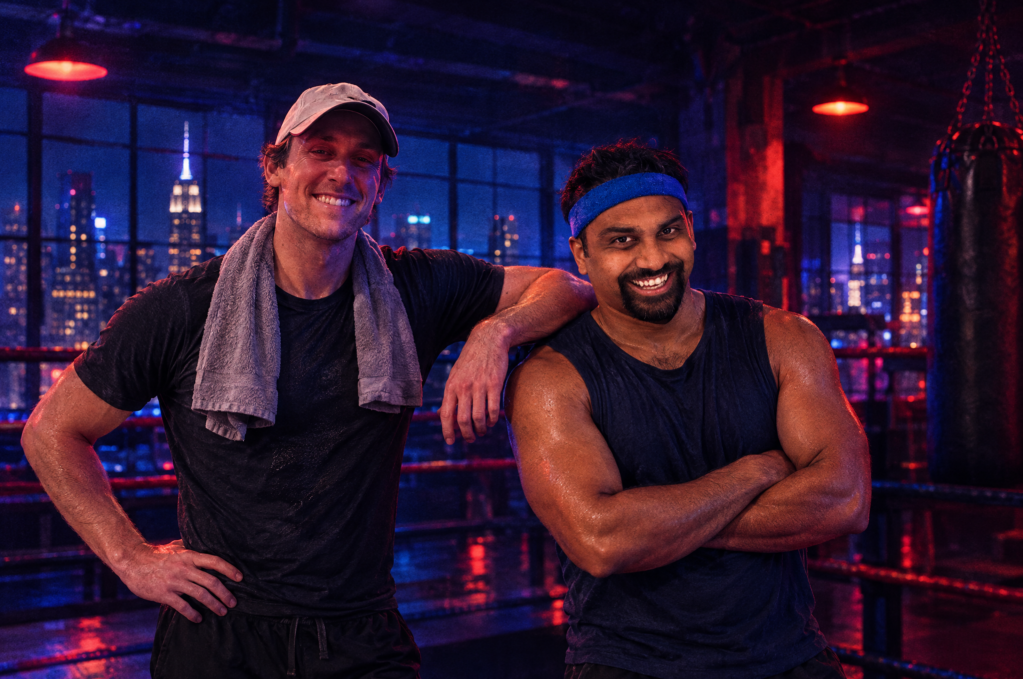 Higgsfield campaign portrait of Aaron and Nipun in a New York gym, based on their workout photos
